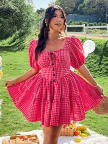 Celure Retro Plaid Puff Sleeve Elastic Waist Midi Dress, Spring/Summer