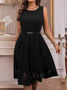 SHEIN Clasi Vestido midi con efecto quemado en el dobladillo para mujer de talla grande, versátil y clásico en color negro - Negro - Ver 12