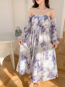DAZY Vestido midi con estampado floral y escote hombros descubiertos para mujeres