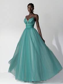SHEIN Belle Elegante vestido de noche de tul verde bosque con escote con profunda abertura en V, detalles de lujo con cuentas y bajo asimétrico, con lazo ajustable en la espalda. Vestido de fiesta, invitada de boda, vestido formal, vestido de noche. - Verde - Ver 6