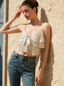 BELROSIE Metallic Satin Fabric Romantic Elegant Luxury Design Layered Ruffle Trim Camisole For Women - Gold - View 3