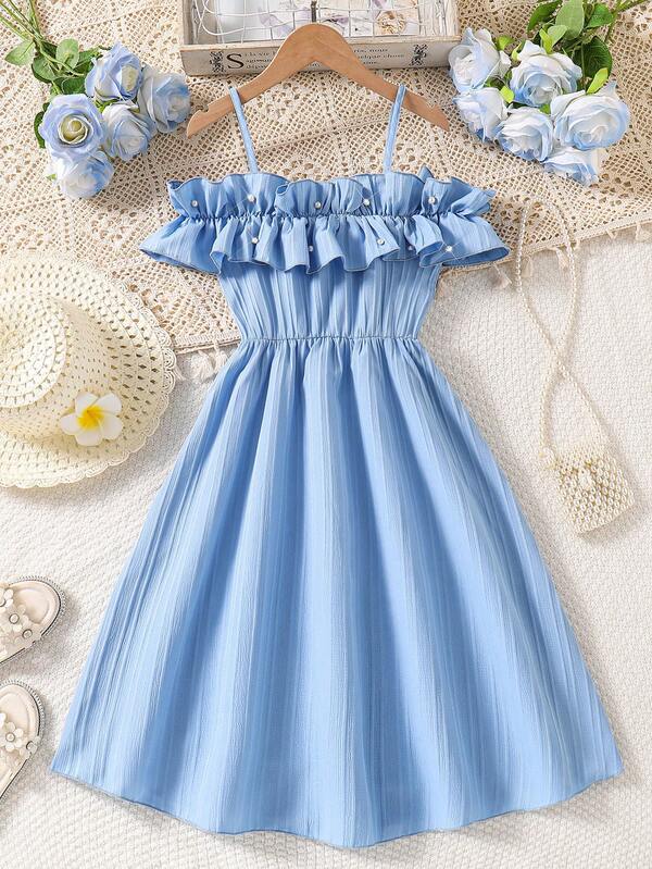 SHEIN Tween Girls' Casual Woven Ruffle Off Shoulder Adjustable Simple Dress, Spring/Summer