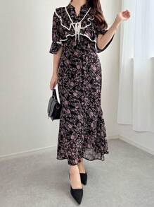 FRIFUL Women's Maxi Floral Romantic Dress, Holiday Style, Spring/Fall Long Sleeve Dress Boho Vacation Outfits Women - Black - View 3