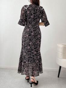 FRIFUL Women's Maxi Floral Romantic Dress, Holiday Style, Spring/Fall Long Sleeve Dress Boho Vacation Outfits Women - Black - View 5