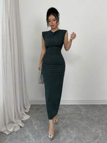 Elenzga Elegant Sexy Women's Shiny Ruched Bodycon Dress - Dark Green - View 3