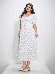 SHEIN MOD Kleid mit Blumenprint in Retro-Stil, Schleife und Ballonärmeln, Große Größen - Verschiedenfarbig - Übersicht 3