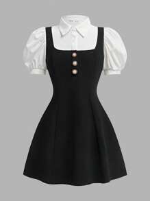 SHEIN Vestido de manga corta informal con cuello, mangas abullonadas y corte de color en bloques para niñas preadolescentes