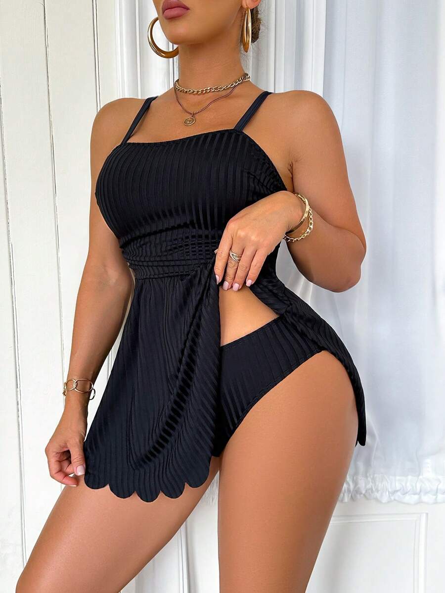 SHEIN Swim Đầm suông đi biển đơn giản màu trơn dành cho nữ có phần dưới, dành cho kỳ nghỉ hè - màu đen - Xem 1