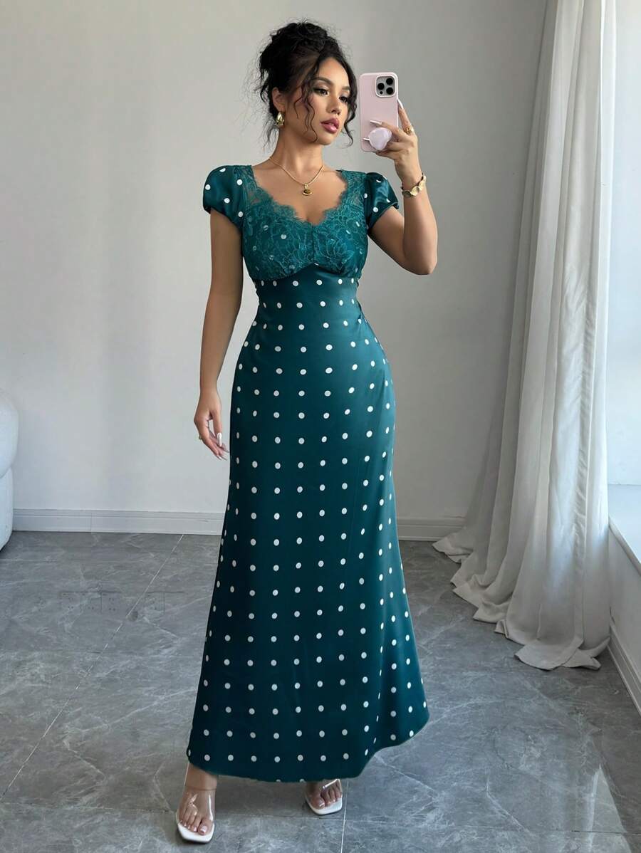 Elenzga Women's Elegant Fashion Commuter Holiday Party Dating V-Neck Waist Gathered Ruffled Hem Lace Patchwork Polka Dot Dress - Dark Green - View 1