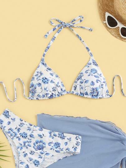 Swim Mod 1 pieza Top corto tipo bikini con estampado floral y cuello de halter, adecuado para vacaciones de verano en la playa