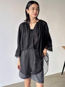 FRIFUL Blusa negra holgada con capa de malla, top de verano 2 en 1, blusa de manga larga con volantes - Negro - Ver 4