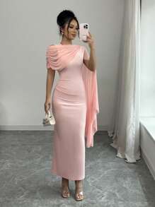 Elenzga Women Elegant Solid Color Asymmetric Collar Dress - Pink - View 1