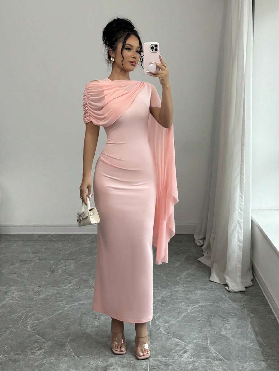 Elenzga Women Elegant Solid Color Asymmetric Collar Dress - Pink - View 1