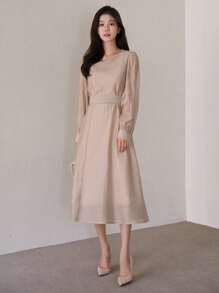 DAZY Elegant Fall Solid Color Waist Gathered Long Sleeve Long Dress, Women's Dress Elegant,Dress For Wedding - Pink - View 4