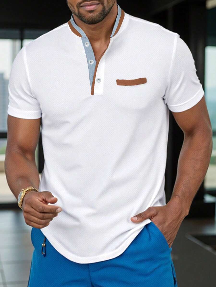 Manfinity Homme Men's Minimalist Colorblock Button Front Pocket Casual Polo Shirt, For Golf - White - View 1