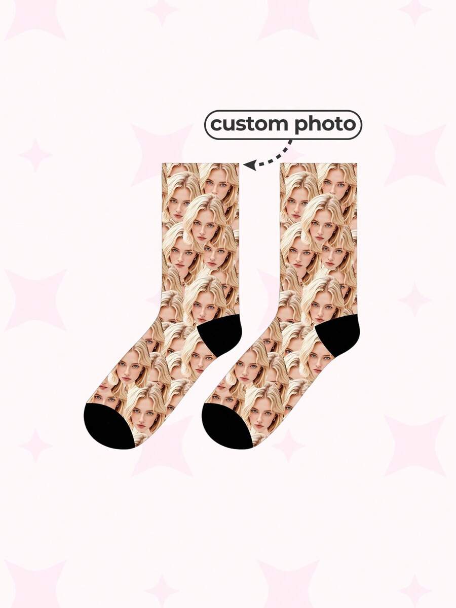 1 Pair Custom Face Print Mid-Calf Socks For Women, Put Any Face On Socks, Personalized Socks With Photos, Funny Customized Couple Mid-Crew Socks, Suitable As Gifts For Valentine's Day, Birthday Or Other Occasions Adorable,Contracted,Funny,Cozy Custom,Personalized,Unique,Customized Personalized Gifts, Fall