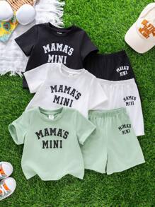 SHEIN Leap Crew 6 件套男婴和女婴休闲可爱图形字母图案宽松针织圆领 T 恤和短裤 2 件套服装套装，3 种颜色，适合春夏穿着，非常适合母亲节/母亲节/宝宝的第一个母亲节 - 彩色 - 查看 1