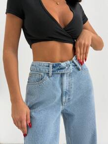 EURMUSE HIGH WAIST UPSIDE DOWN WAISTBAND DETAILED LOOSE STRAIGHT LEG JEAN - Light Wash - View 3