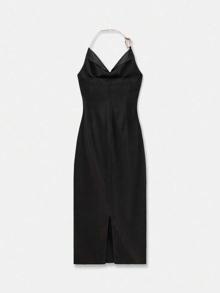 SHEIN Maija Spring And Summer New Style Black Sexy Halterneck Metal Decorated Woven Women's Long Dress Urban Modern Elegant Sleeveless Daily Casual Commuting Suitable For Going Out For Vacation Holiday Party Wedding Date Outfit