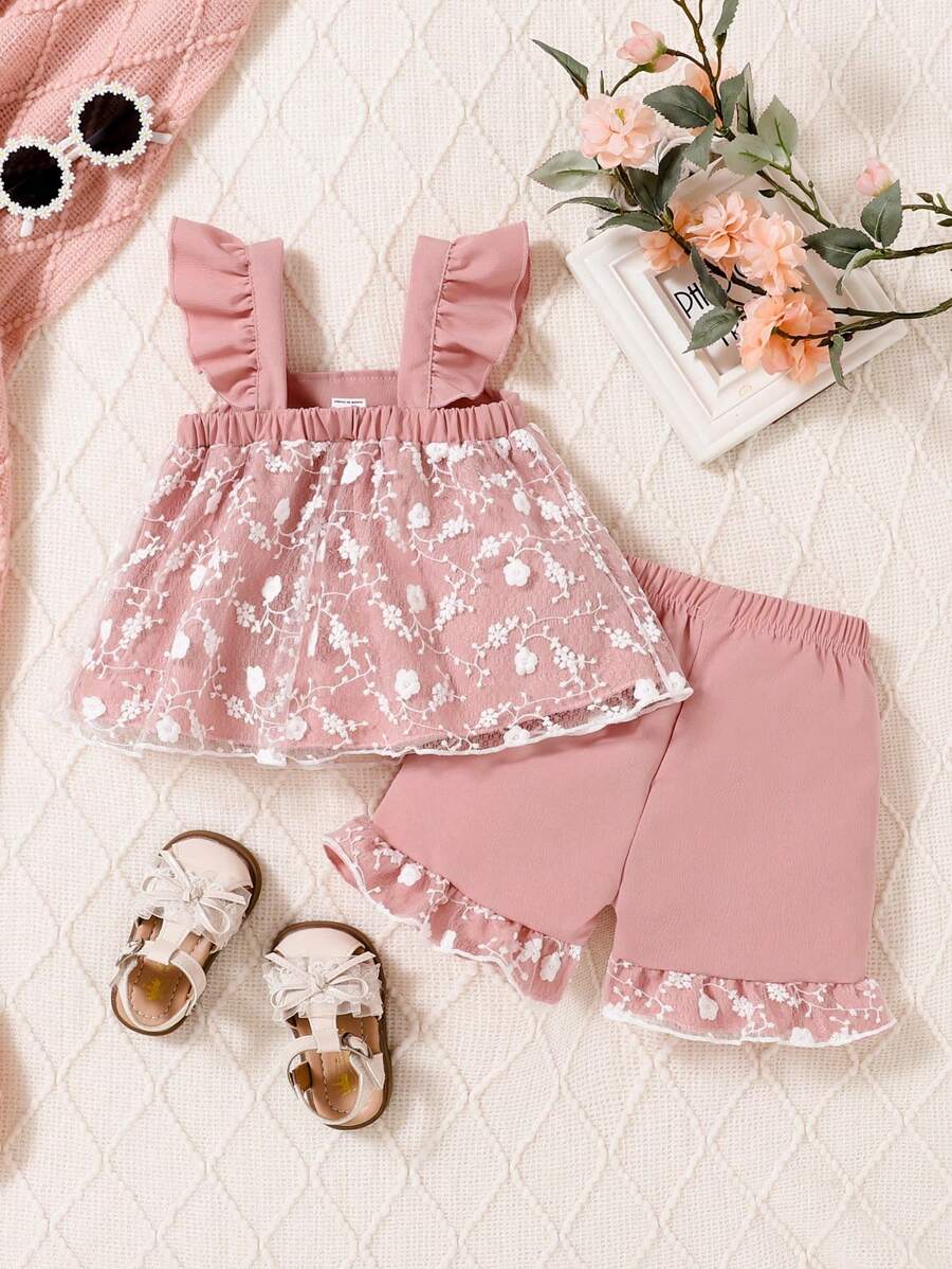 2 pièces Ensemble avec débardeur à volants et short avec nœud pour bébé fille, printemps et été - Multicolore - Voir 1