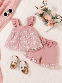 2 pièces Ensemble avec débardeur à volants et short avec nœud pour bébé fille, printemps et été - Multicolore - Voir 2