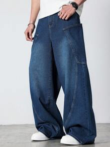 Manfinity Hypemode Men's Pocket Wide Leg Relaxed Casual Versatile Denim Jeans - Blue - View 4