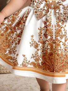 SHEIN 女婴时尚长袖碎花卡通印花连衣裙，可爱蝴蝶结装饰，百搭节日派对穿着 - 彩色 - 查看 3