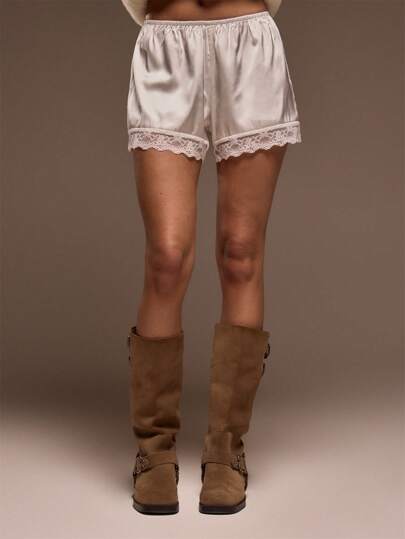 MUSERA Elasticated Satin Pull On Lace Trim Shorts Cute Summer Vacation Boho Cute Sunday Best   Winter Valentines Day Pants