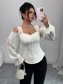 Elenzga Women's Open Shoulder Floral Jacquard Fashion Design Long Sleeve Blouse - Apricot - View 1