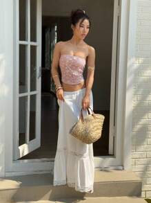 SHEIN Unity Pink Embroidered Sequin Decor Bandeau Top - Baby Pink - View 3