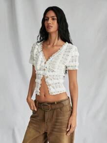 SHEIN Unity 1pc Women's White Lace Trim V-Neck Button Up Casual T-Shirt, Boho Style, Suitable For Music Festivals & Vacation, Spring/Summer - White - View 6