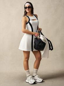 VARSITIE Round Neck Long Sleeve Color Block Mesh Patchwork Fitted Mini Tennis Dress - White - View 6