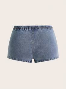 SHEIN ICON Quần short denim cạp trễ có thiết kế buộc dây lỗ cho nữ - Rửa trung bình - Xem 7