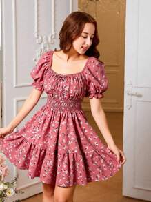 SHEIN Leap Crew Vestido con cuello cuadrado, mangas abullonadas y lazo para niña adolescente con estampado floral diminuto, para primavera/verano - Rosa - Ver 4