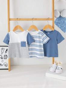 3pcs Set Baby Boys/Girls Casual Round Neck Short Sleeve Blue Striped & Solid Color Knit T-Shirts, Multi-Color, Suitable For Spring And Summer, Indoor And Outdoor Wear