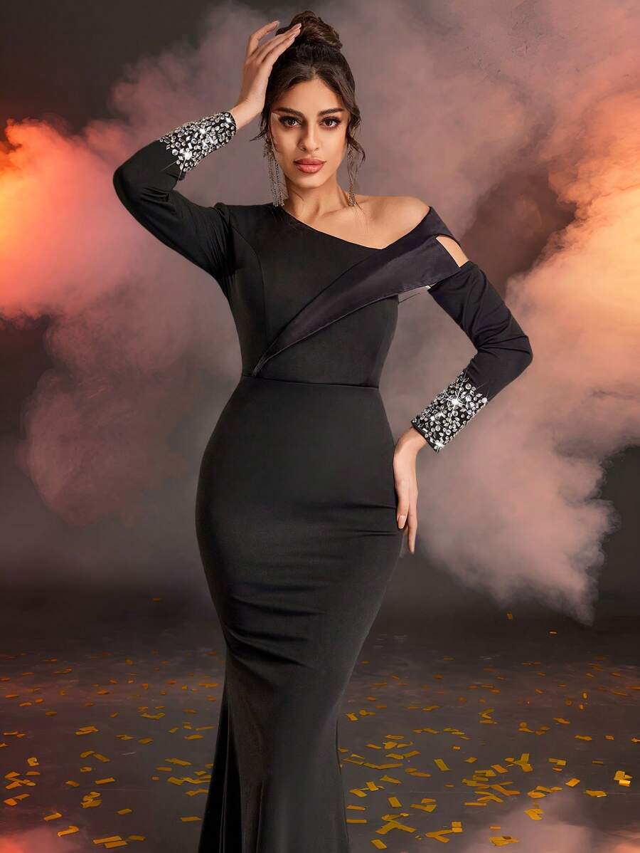 SHEIN Belle 优雅、浪漫、时尚、性感、黑色、针织面料、西装领、水钻装饰、不对称领子、长袖、腰部、鱼尾、长尾、婚礼宾客礼服、适合约会、单身派对、正式晚宴礼服、派对礼服、晚礼服 - 黑色 - 查看 1