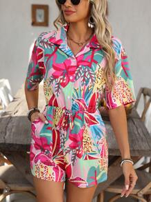 Breezaya 女士休闲短袖热带植物印花连体裤 - 彩色 - 查看 3