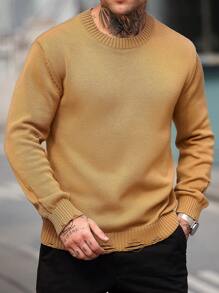 Manfinity Homme Men's Solid Color Crew Neck Long Sleeve Casual Pullover Sweater - Brown - View 4