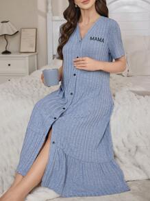 Casual V-Neck Single-Breasted Embroidered Letter Maternity Short Sleeve Loungewear Dress - Dusty Blue - View 6