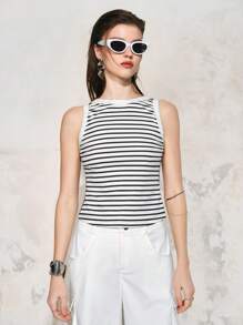 SHEIN LUNE 女式条纹蕾丝背心休闲背心，春夏，女士夏季服装 - 黑與白 - 查看 6