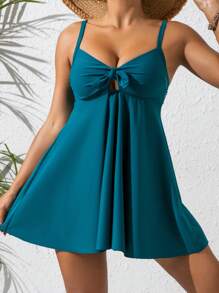 SHEIN Đầm bơi màu trơn mới có dây đeo vai và viền bèo nhún cho nữ và quần bikini 2 mảnh, thích hợp cho kỳ nghỉ hè ở bãi biển - Màu xanh ngọc - Xem 5
