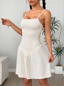 SHEIN Unity Robe mini évasée à taille élastique avec texture plissée mignonne pour femmes - Blanc - View 3