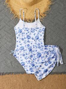 SHEIN 2 bộ đồ bơi một mảnh in họa tiết hoa màu xanh lam cổ điển cho bé gái tuổi teen kèm váy đi biển - Nhiều màu - Xem 2