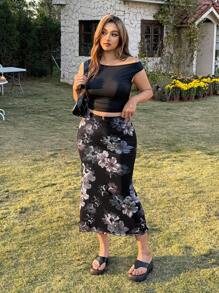 SHEIN EZwear Plus Size Women Digital Printed Floral Pattern Mermaid Hem Skirt - Multicolor - View 4