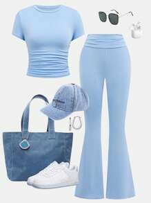SHEIN Girlism 2pcs/Set Teen Girl Solid Color Casual Ruched T-Shirt And Low Waist Flared Pants Set Holiday Outfits - Blue - View 1