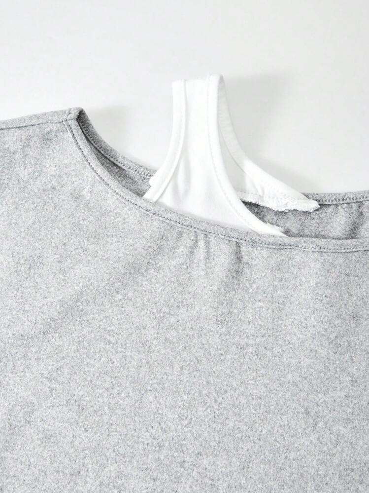 SHEIN 2pcs Set Teen Girls Fashionable Street Style Simple Elegant Comfortable Asymmetrical Shoulder Short Sleeve Crop Top And Casual Pants, Suitable For Casual Outings - Multicolor - View 6