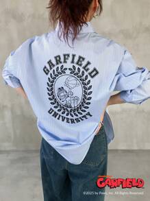 Garfield X FRIFUL Women Striped Loose Collaboration Backprint Long Sleeve Shirt, Women's Summer Outerwear Top - Blue - View 4