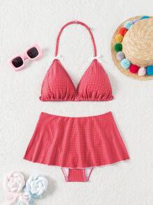 Tween Girls' Cute Plaid Bow Decor Holiday Bikini Set