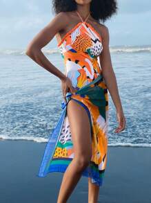 SHEIN Swim Random Print Flounce Trim Halter Backless One Piece Swimsuit & Patterned Beach Skirt Boho Festival Outfit For Women, Summer - Multicolor - View 3