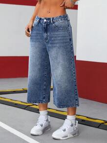 SHEIN ICON Women's Mid-Rise Distressed Stripe Capri Jeans - Dark Wash - View 5